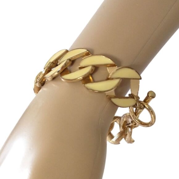 Vtg Enameled Bracelet Chunky Flat Chain Link Gold Tone Ivory Statement Classic. - Picture 11 of 16